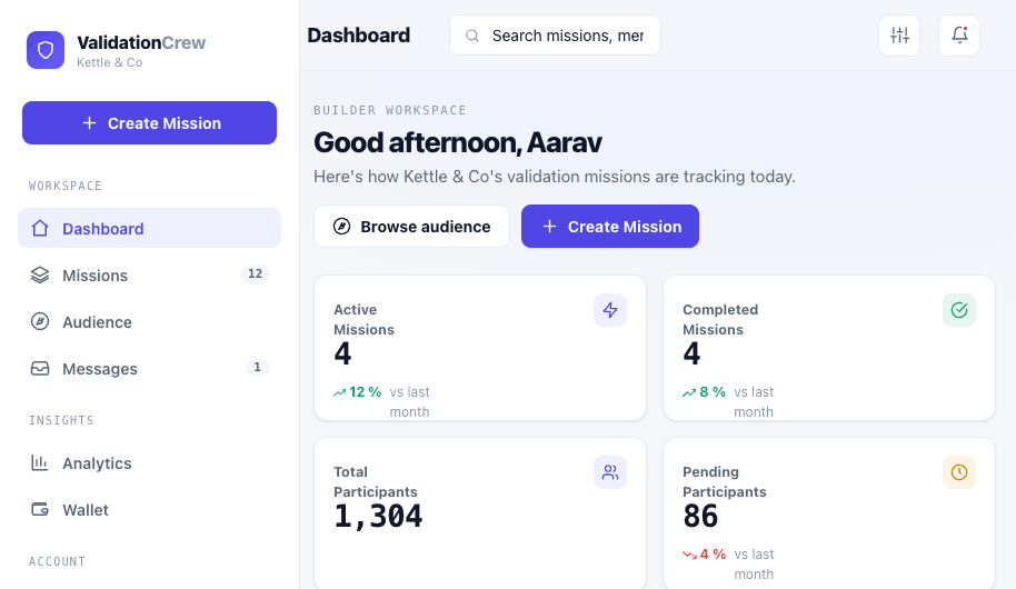 Founder dashboard with live validation missions